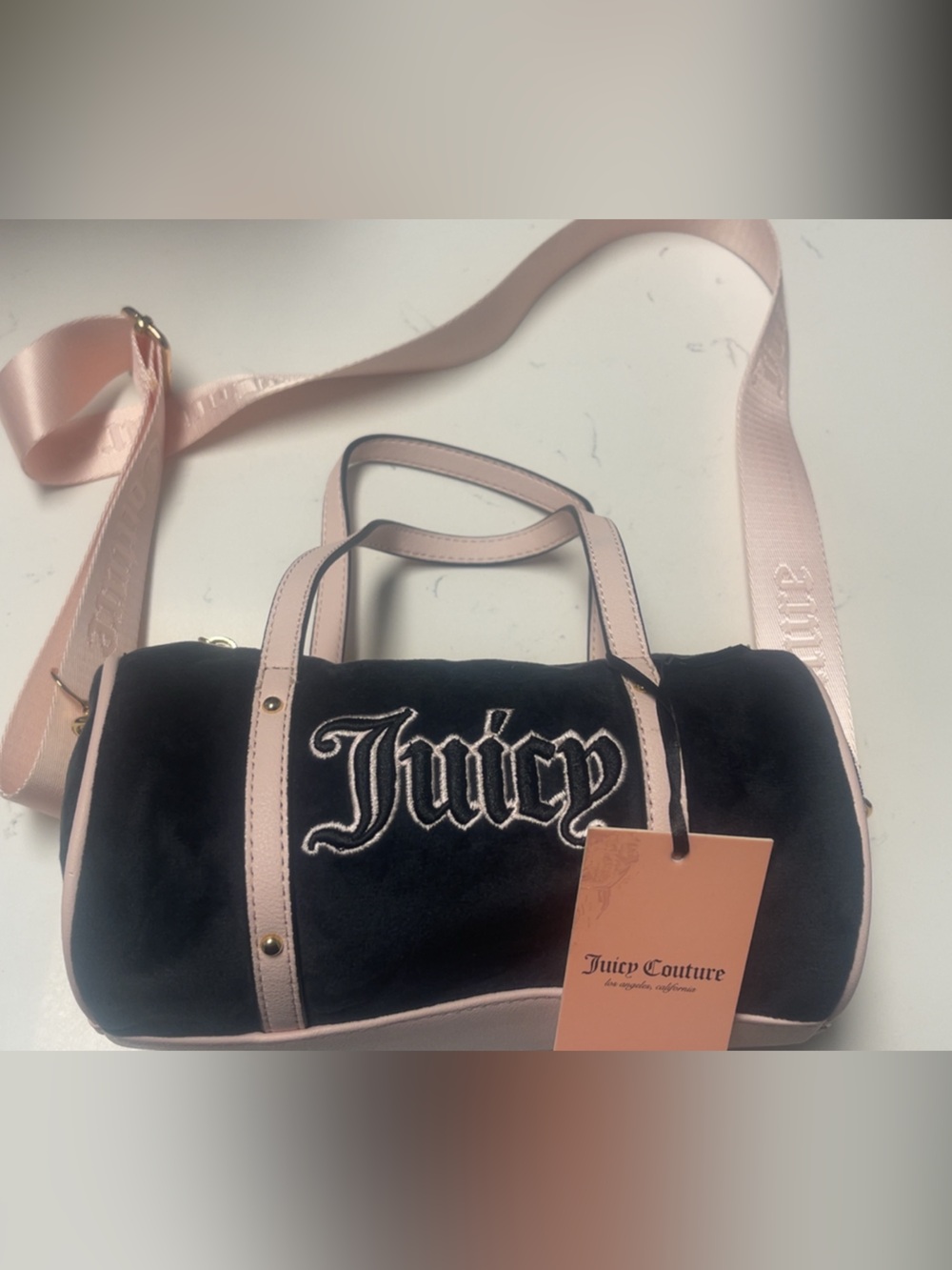 Juicy Couture Black Velvet Barrel Bag with Pink Trim and Strap